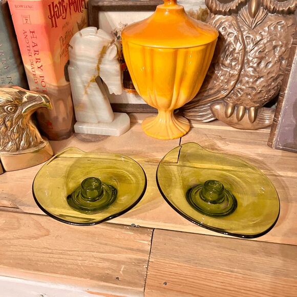 Viking Epic Glass Avocado Green Tapered Candle Holders - Pair - Vintage 1950s-19